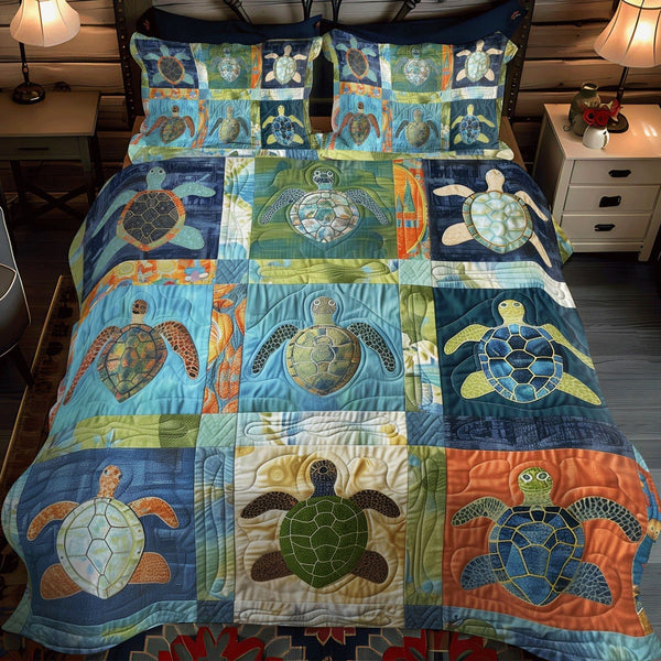Sea Turtle Treasure quilted 3-piece bedding set on a made bed in a light coastal bedroom