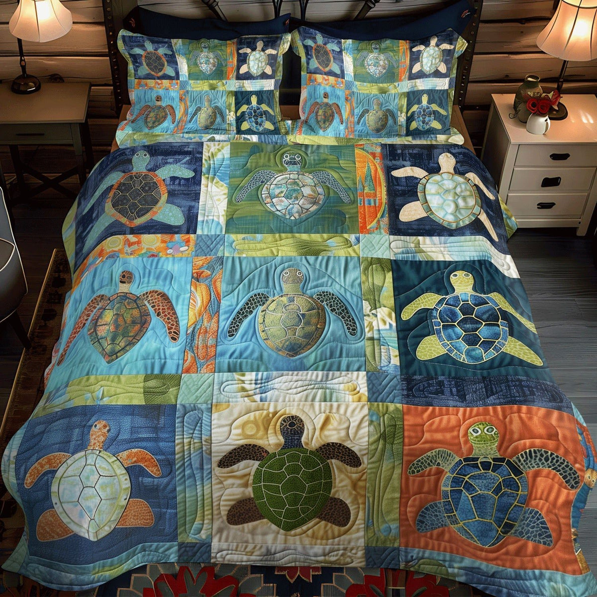 Sea Turtle Treasure quilted 3-piece bedding set on a made bed in a light coastal bedroom