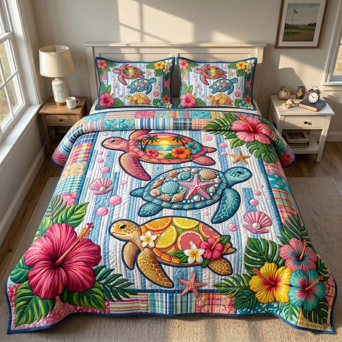 Sea Wanderer quilted 3-piece bedding set on a made bed in a light coastal bedroom
