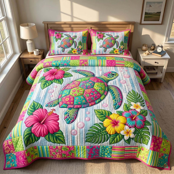 Sea Wanderer quilted 3-piece bedding set on a made bed in a light coastal bedroom