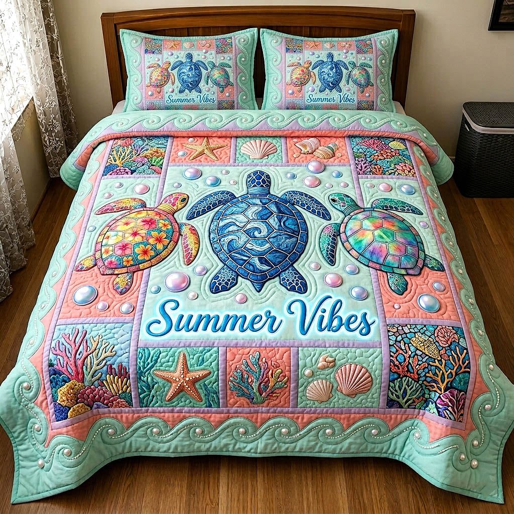 Sea Wanderer quilted 3-piece bedding set on a made bed in a light coastal bedroom