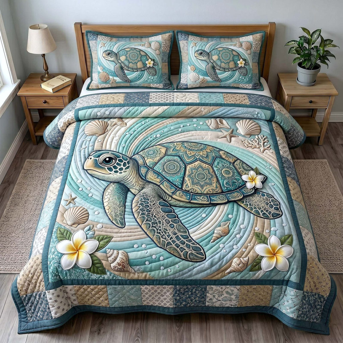 Sea Wanderer quilted 3-piece bedding set on a made bed in a light coastal bedroom