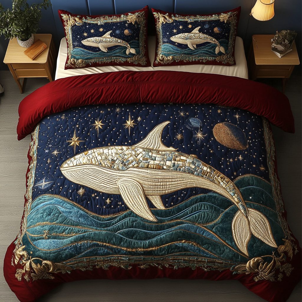 Sea Wanderer quilted 3-piece bedding set on a made bed in a light coastal bedroom