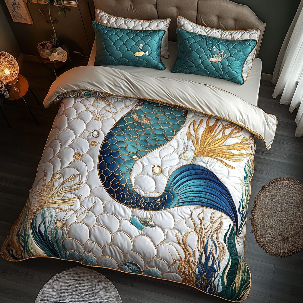 Sea Whisper quilted 3-piece bedding set on a made bed in a light coastal bedroom
