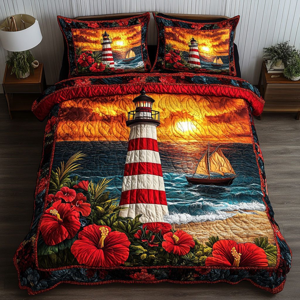 Sea Whispers quilted 3-piece bedding set on a made bed in a light coastal bedroom