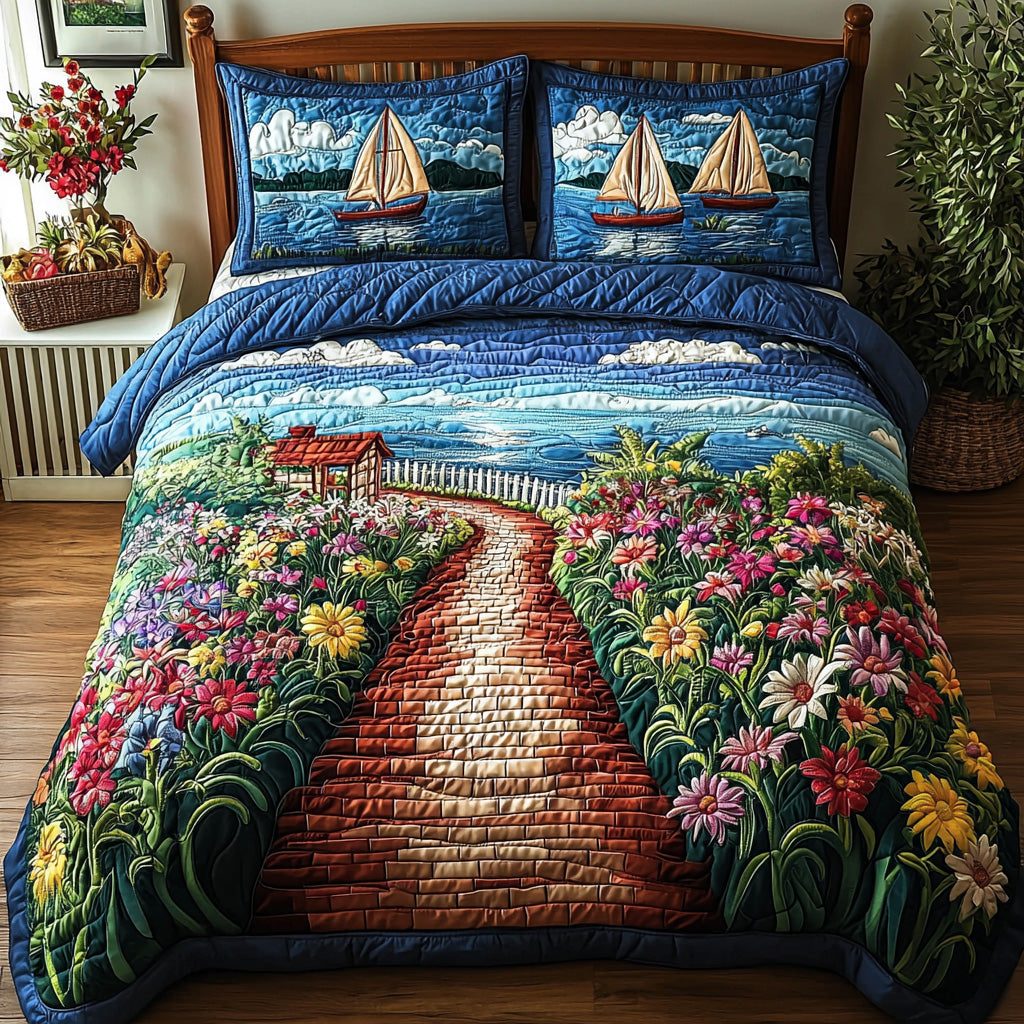 Seabreeze Escape quilted 3-piece bedding set on a made bed with two matching pillow shams