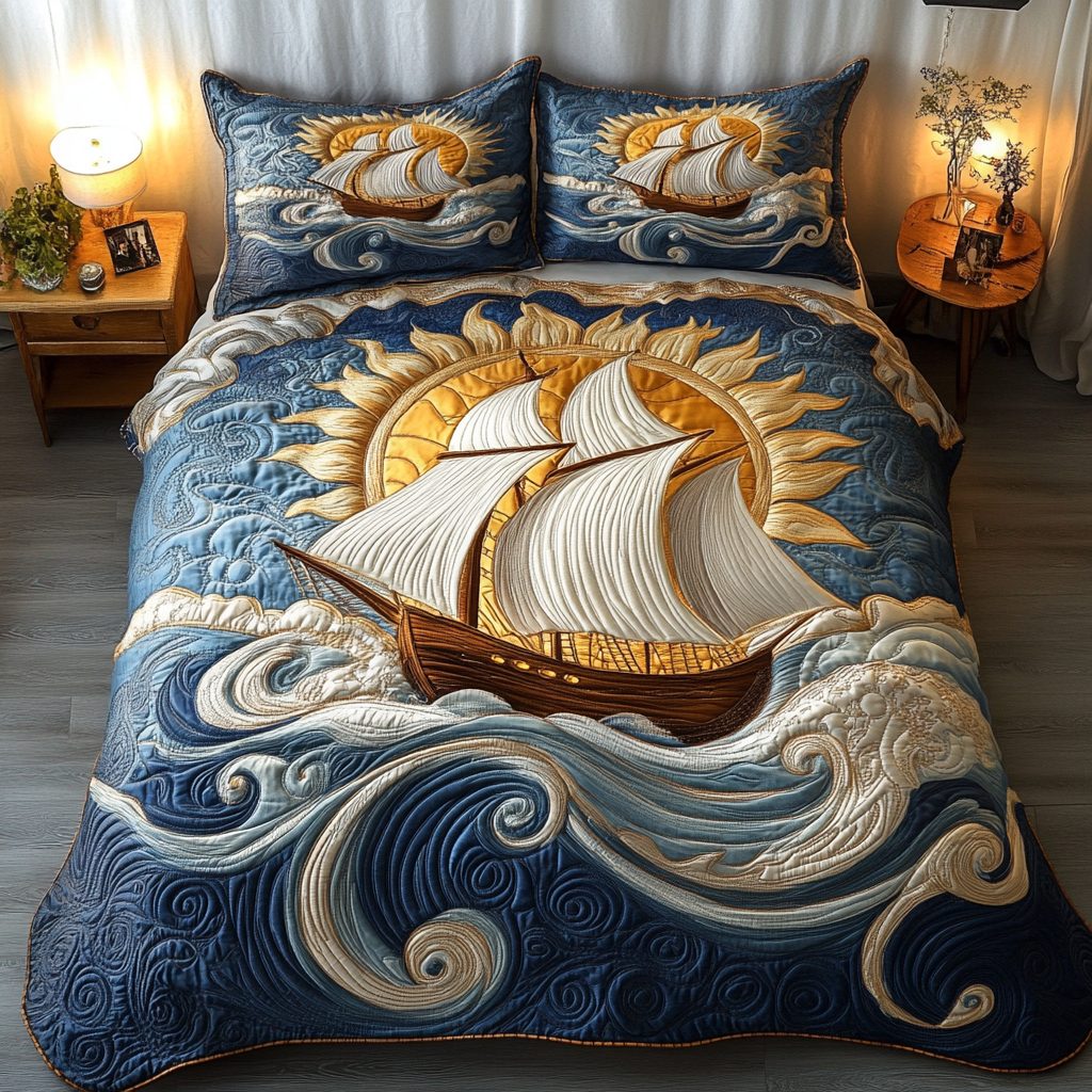 Seabreeze Sailboat quilted 3-piece bedding set on a made bed with two matching pillow shams