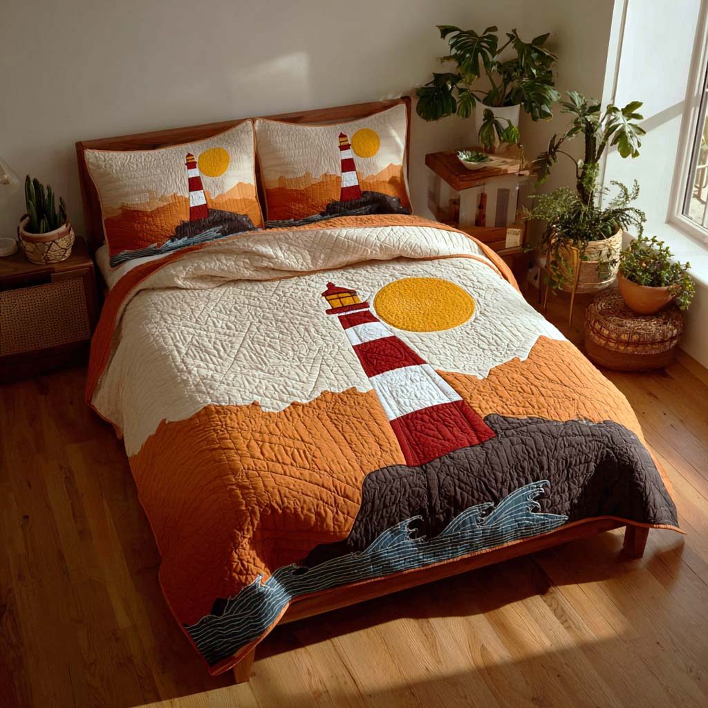 Seabright Point quilted 3-piece bedding set on a made bed with two matching pillow shams