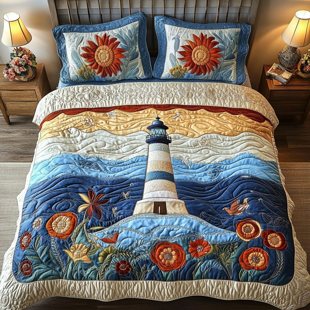 Seafarer Guide quilted 3-piece bedding set on a made bed with two matching pillow shams