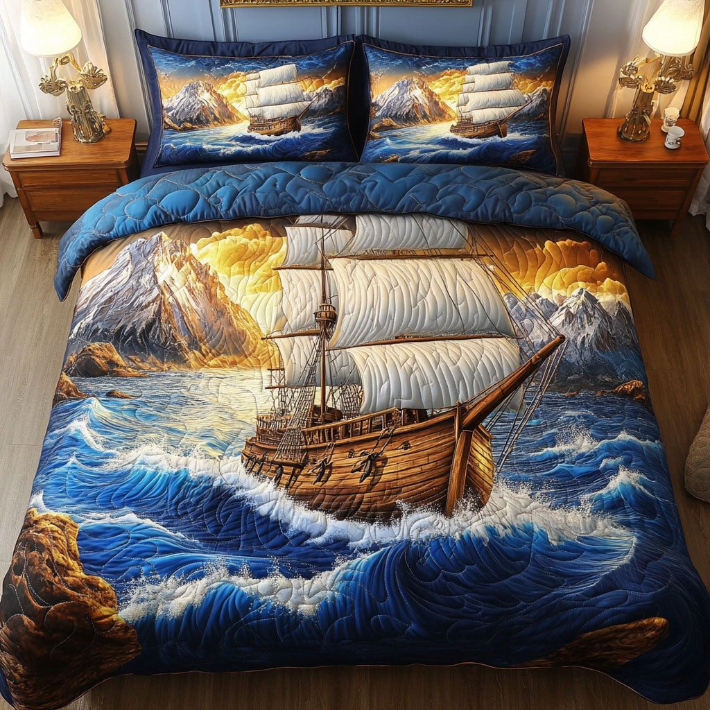 Seafaring Dream quilted 3-piece bedding set on a made bed with two matching pillow shams