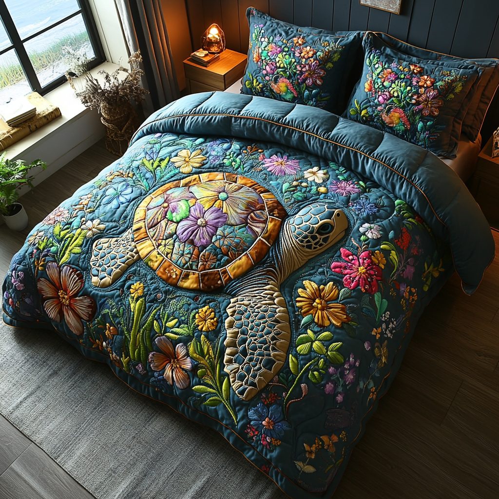 Seagrass Sanctuary quilted 3-piece bedding set on a made bed with two matching pillow shams