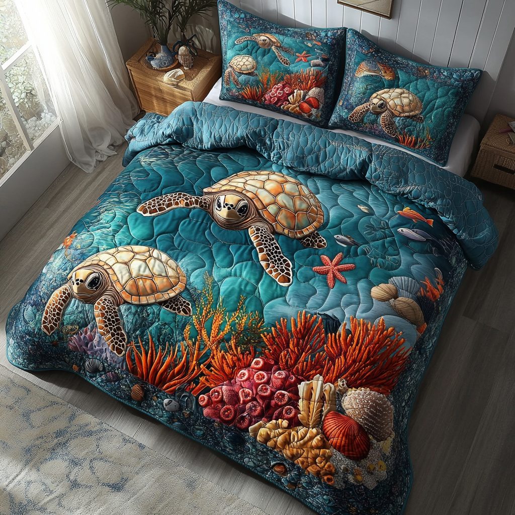 Seagrass Sanctuary quilted 3-piece bedding set on a made bed with two matching pillow shams