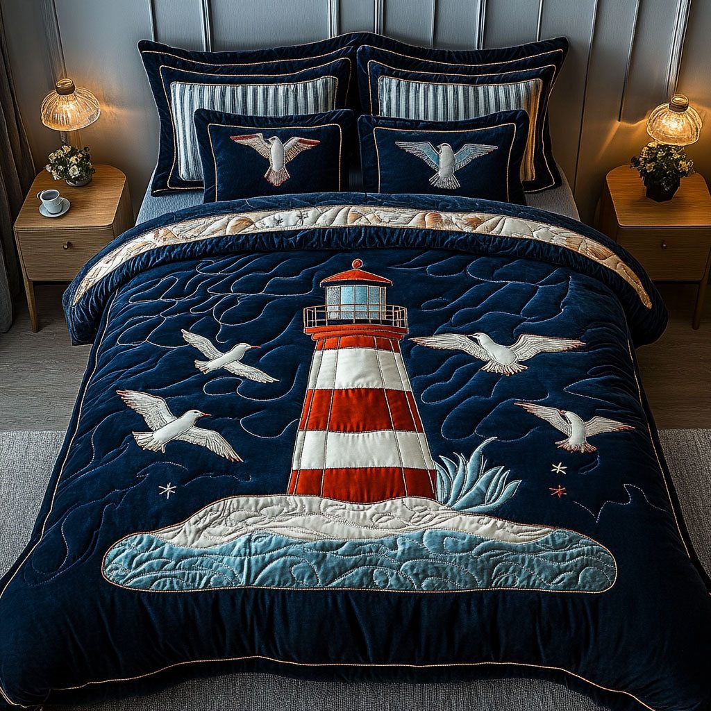 Seagull Watchtower quilted 3-piece bedding set on a made bed in a light coastal bedroom