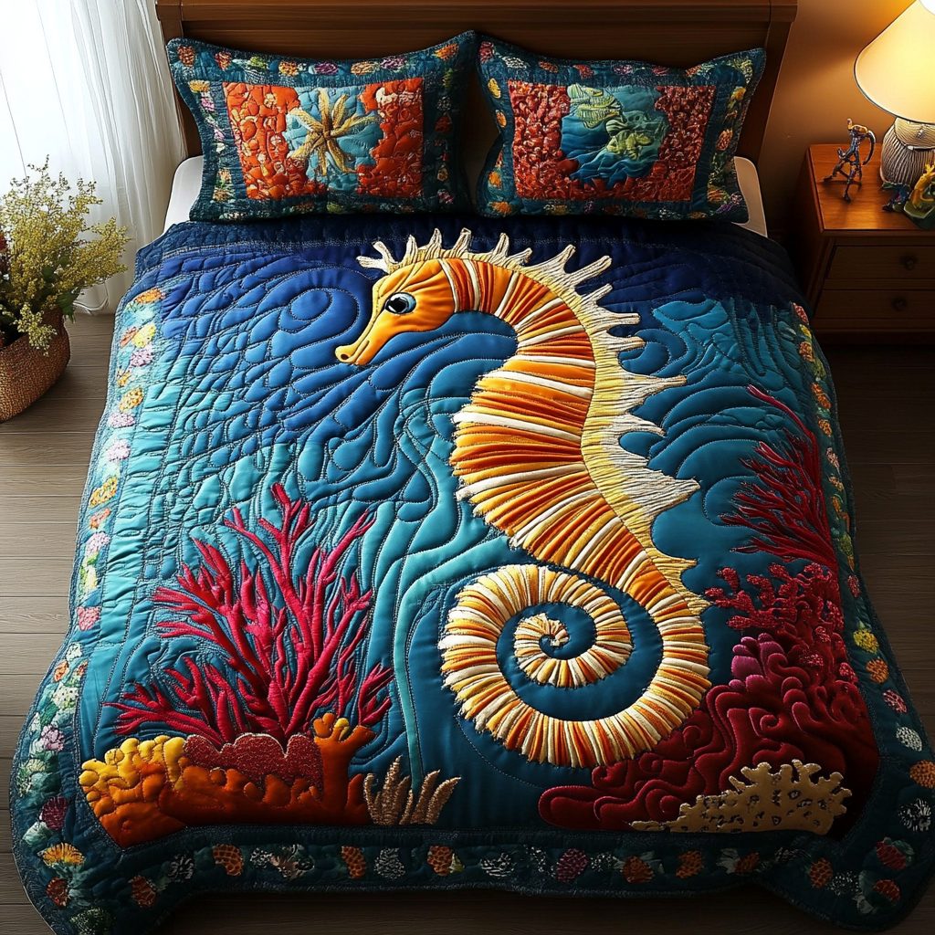 Seahorse Charm quilted 3-piece bedding set on a made bed in a light coastal bedroom