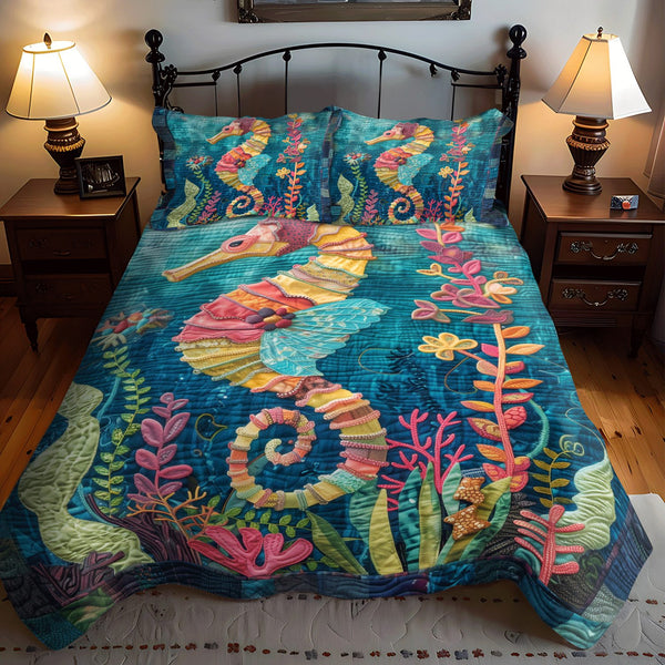 Seahorse Fairytale quilted 3-piece bedding set on a made bed in a light coastal bedroom