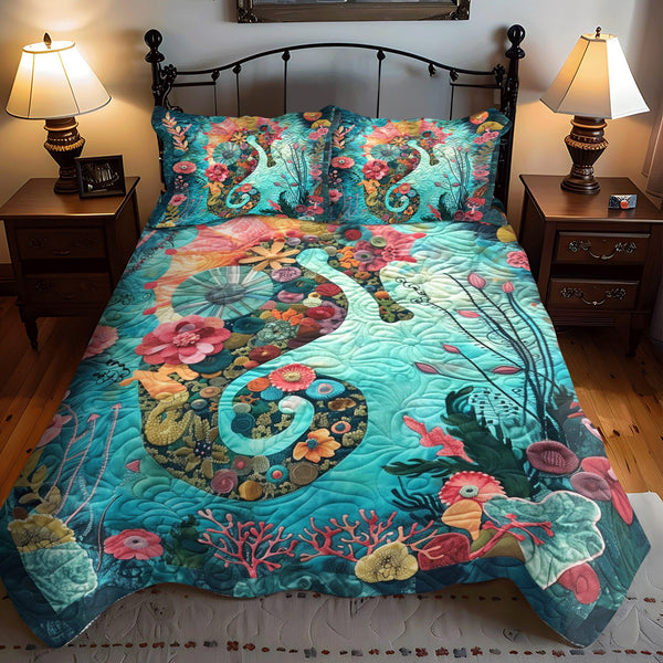 Seahorse in Bloom quilted 3-piece bedding set on a made bed in a light coastal bedroom