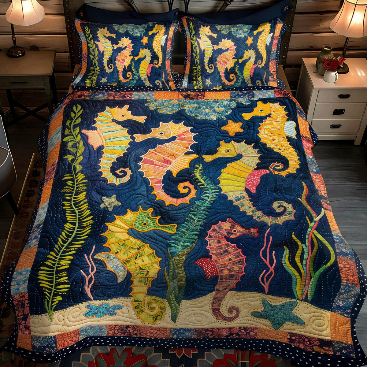 Seahorse Paradise quilted 3-piece bedding set on a made bed in a light coastal bedroom