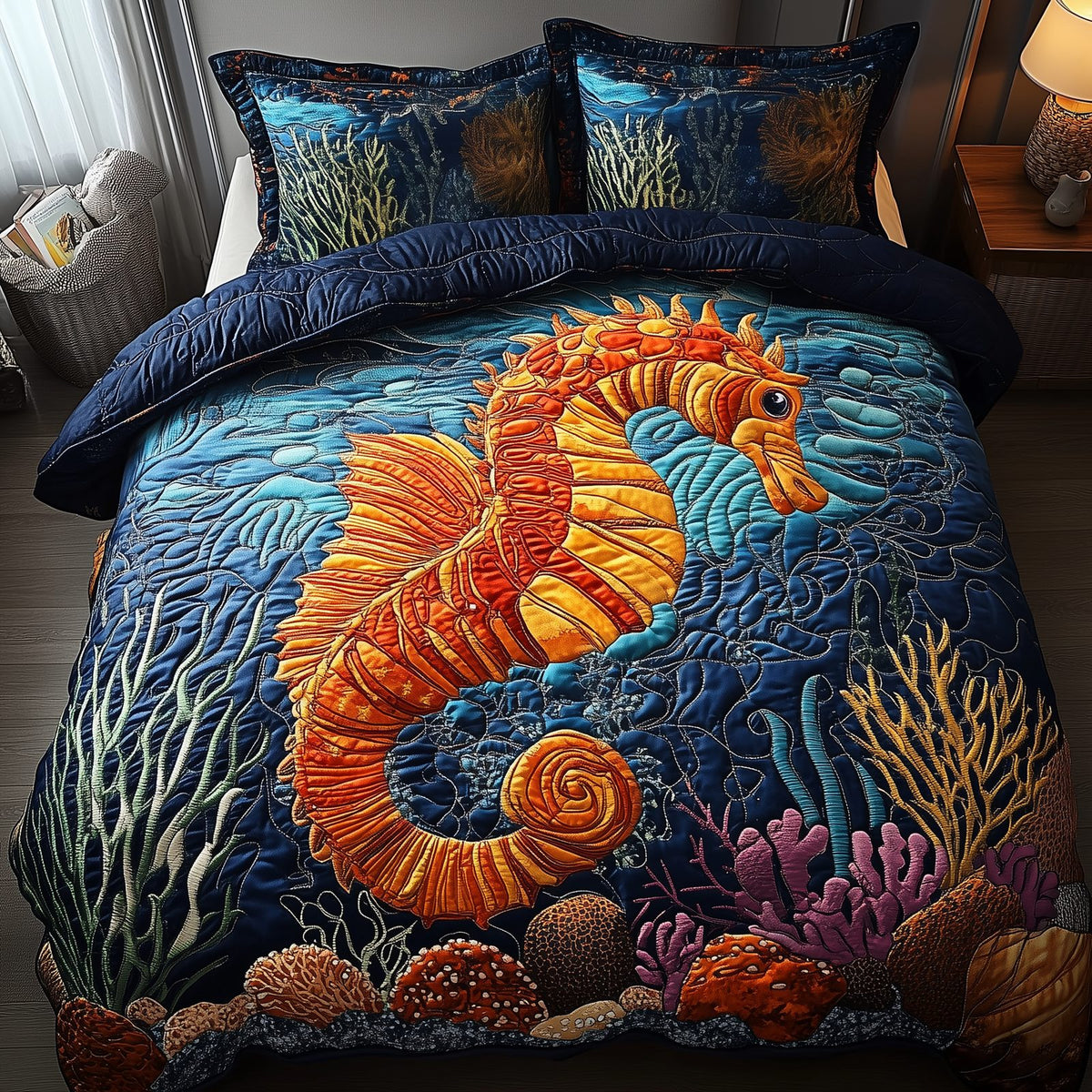 Seahorse quilted 3-piece bedding set on a made bed in a light coastal bedroom