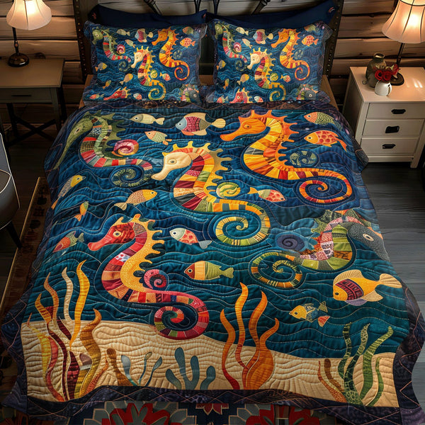 Seahorse Splash quilted 3-piece bedding set on a made bed in a light coastal bedroom