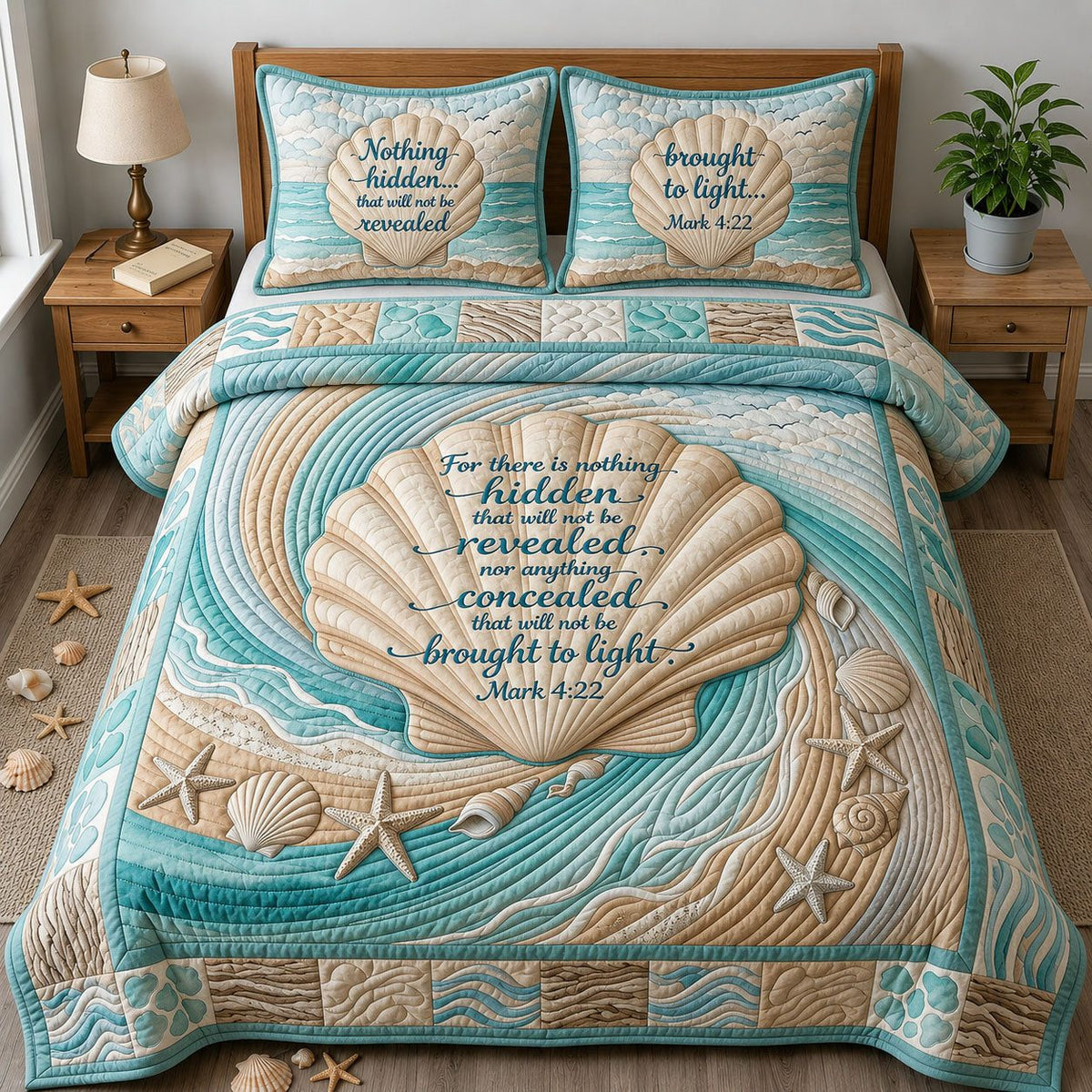 Seashell Bible Quote quilted 3-piece bedding set on a made bed in a softly lit bedroom