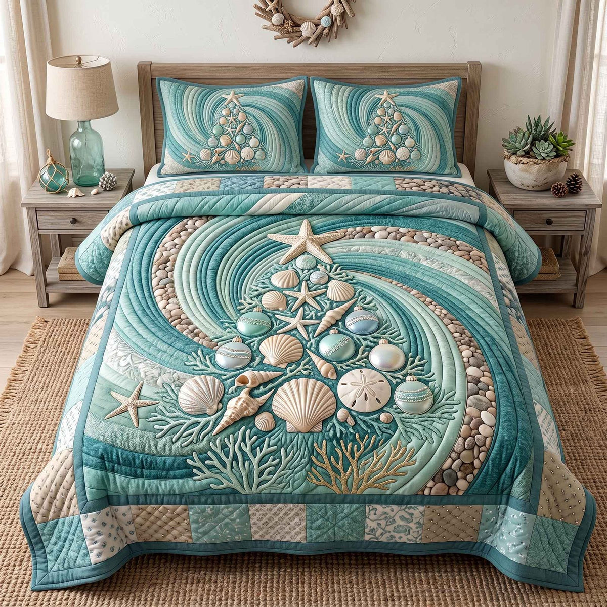 Seashell Christmas quilted 3-piece bedding set on a made bed in a winter-styled bedroom