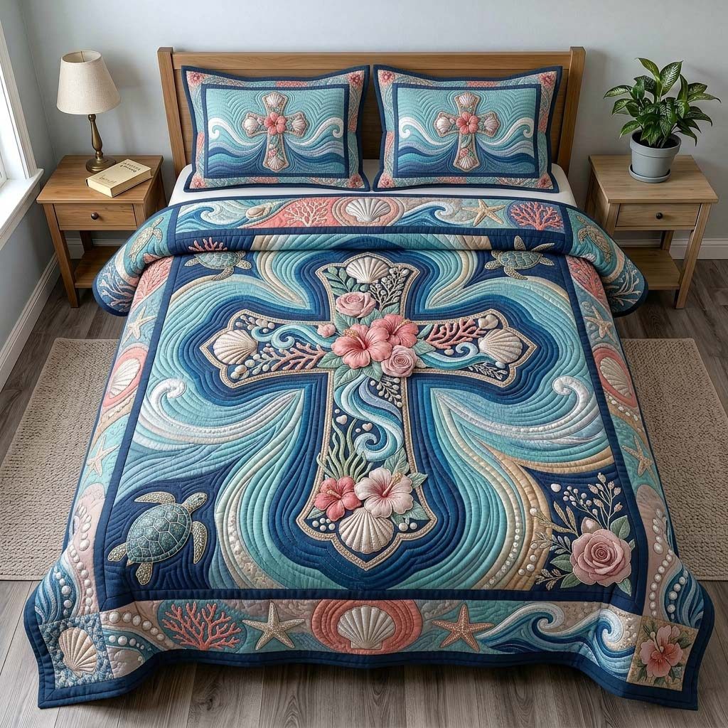 Seashell Grace Cross quilted 3-piece bedding set on a made bed in a softly lit bedroom