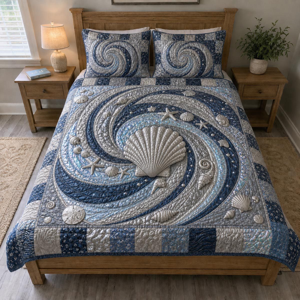 Seashell Serenity quilted 3-piece bedding set on a made bed in a light coastal bedroom