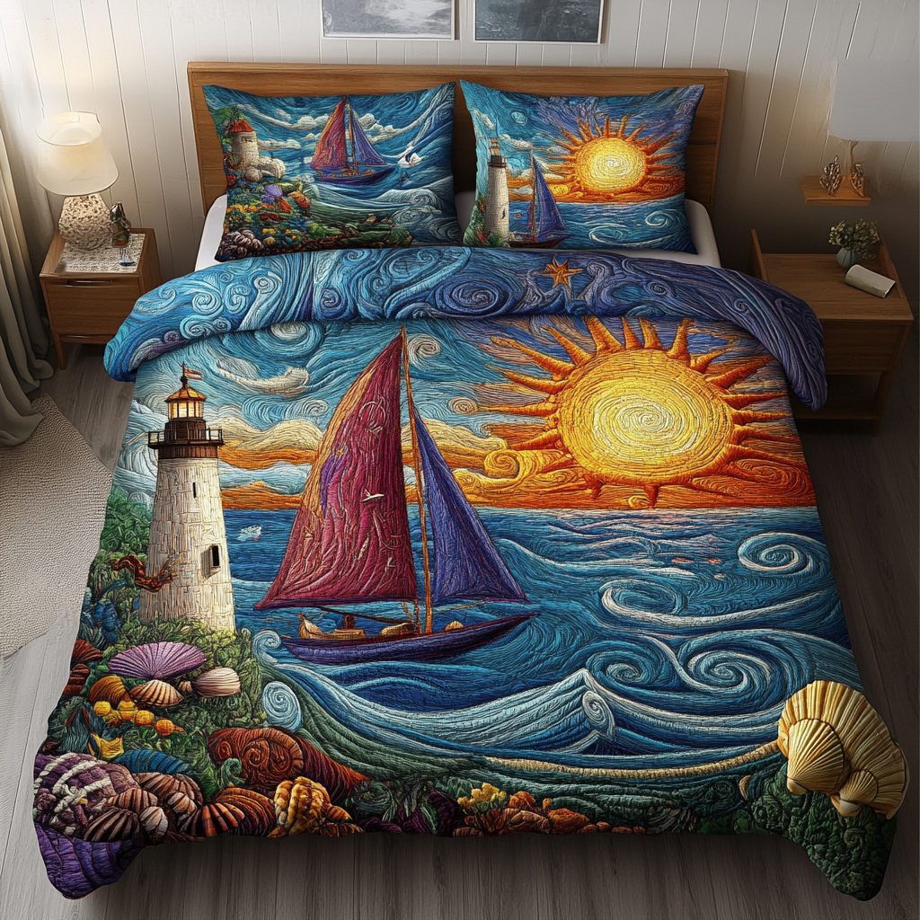 Seashell Shores quilted 3-piece bedding set on a made bed in a light coastal bedroom