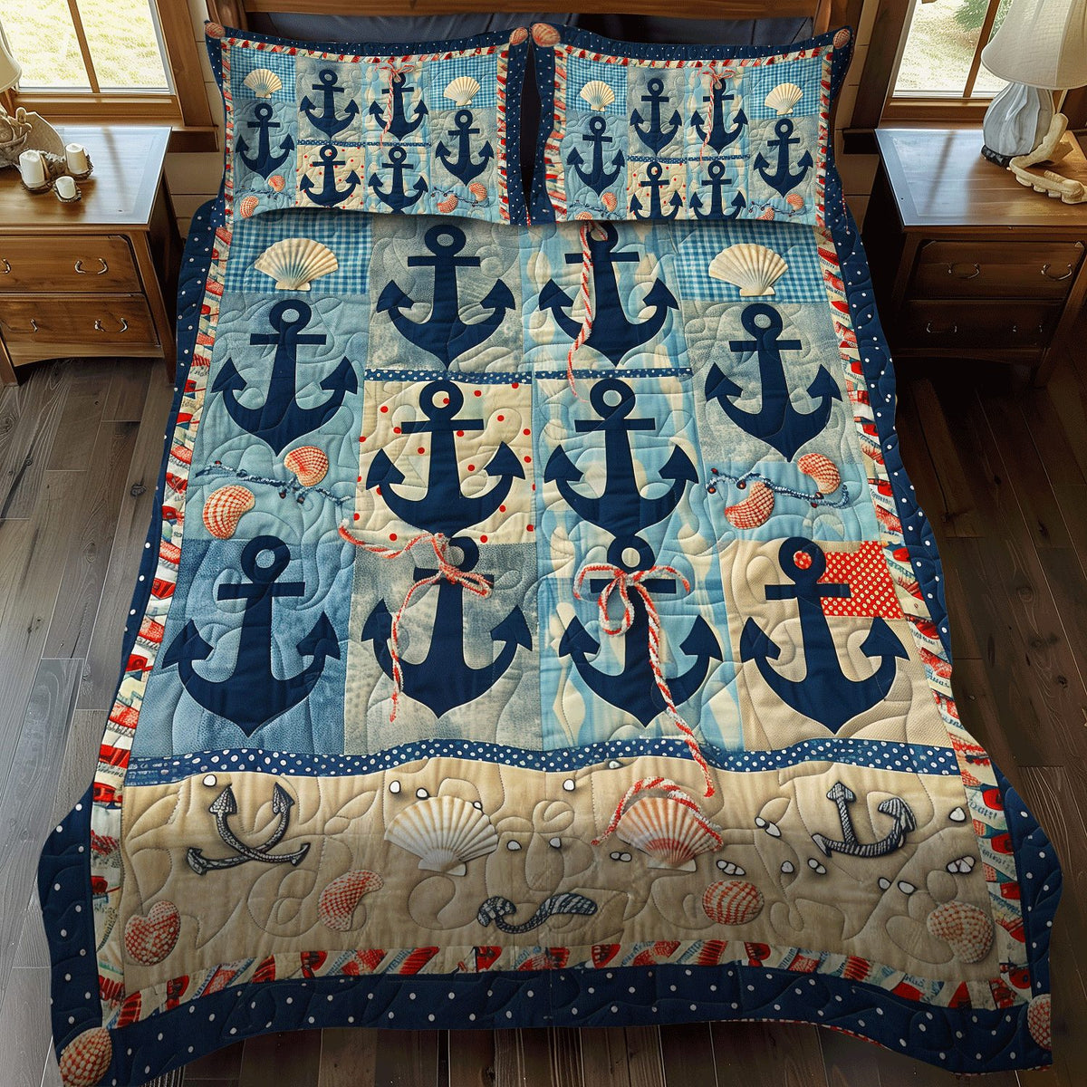 Seaside Anchors quilted 3-piece bedding set on a made bed in a light coastal bedroom