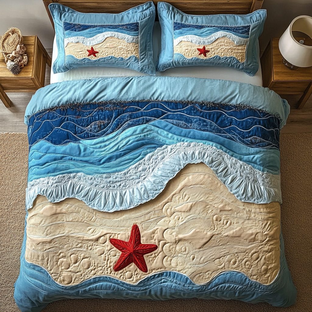 Seaside Bliss quilted 3-piece bedding set on a made bed in a light coastal bedroom