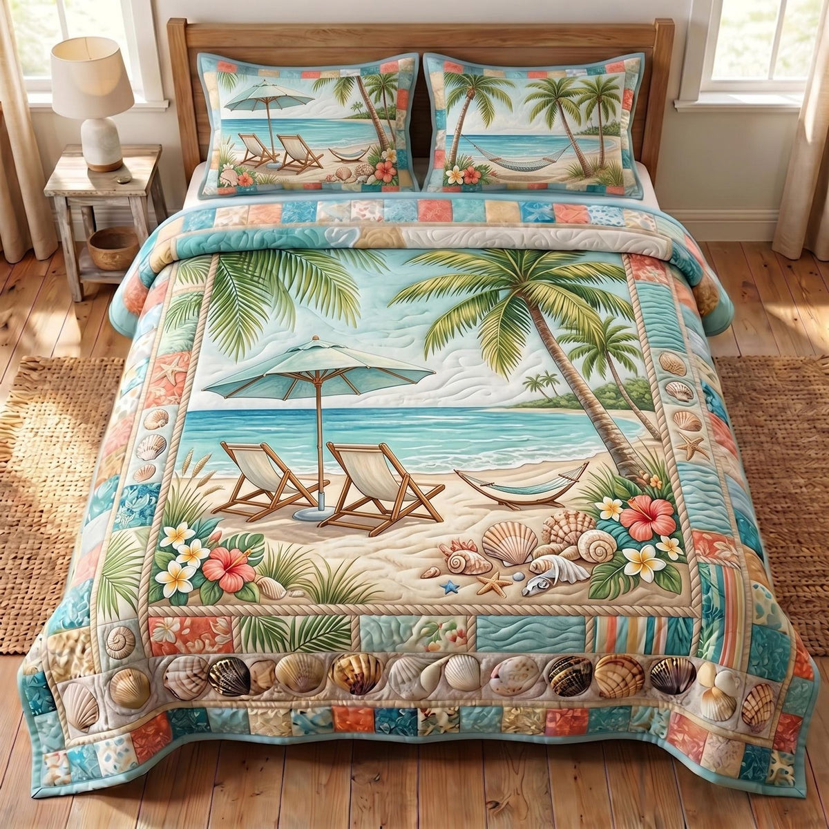 Seaside Calm quilted 3-piece bedding set on a made bed in a light coastal bedroom