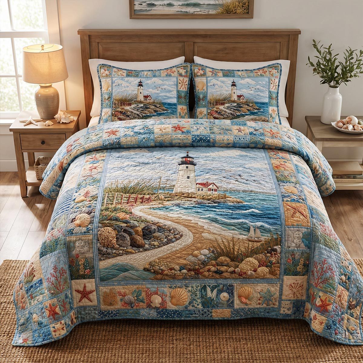 Seaside Calm quilted 3-piece bedding set on a made bed in a light coastal bedroom