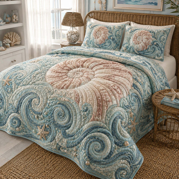 Seaside Calm quilted 3-piece bedding set on a made bed in a light coastal bedroom