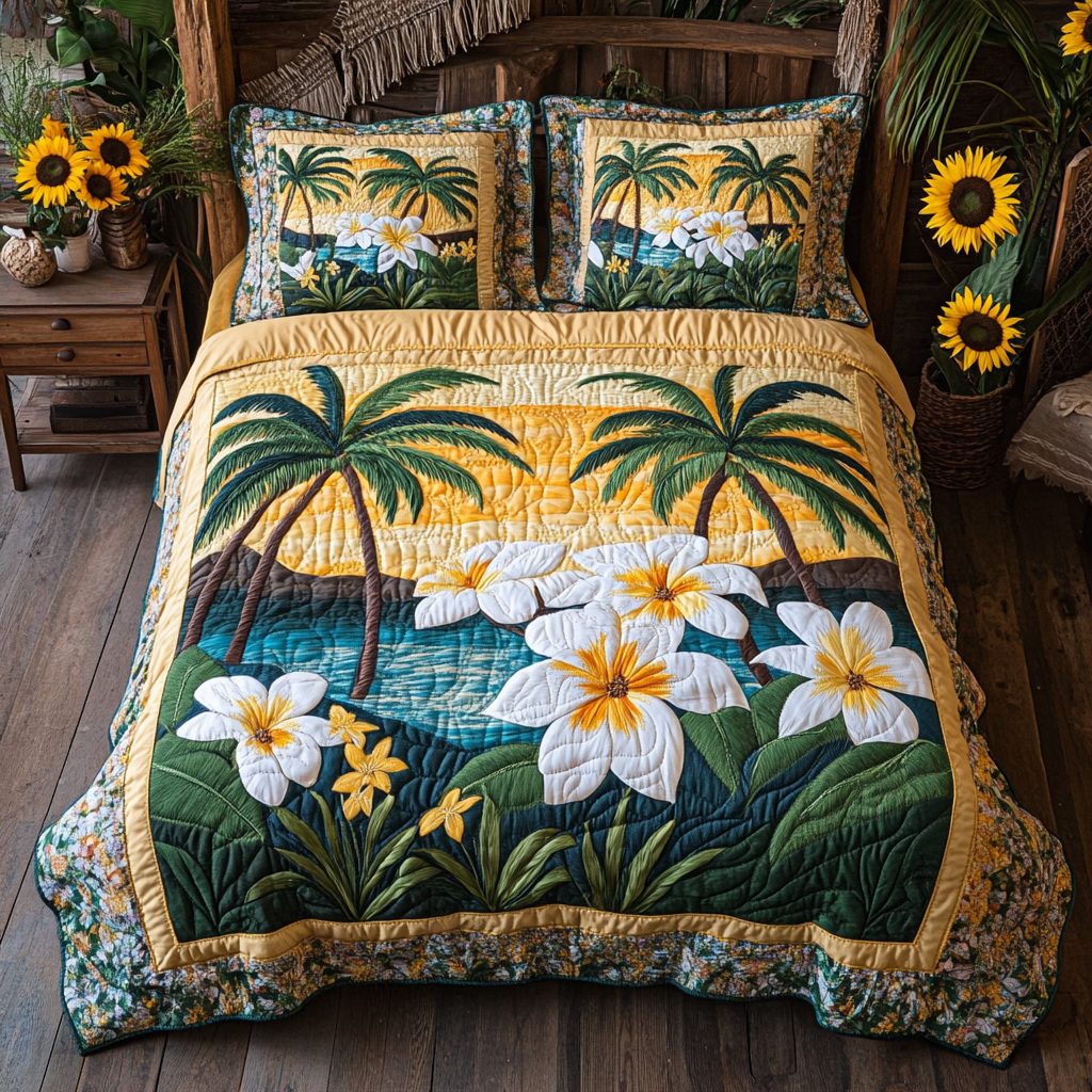 Seaside Charm quilted 3-piece bedding set on a made bed in a light coastal bedroom