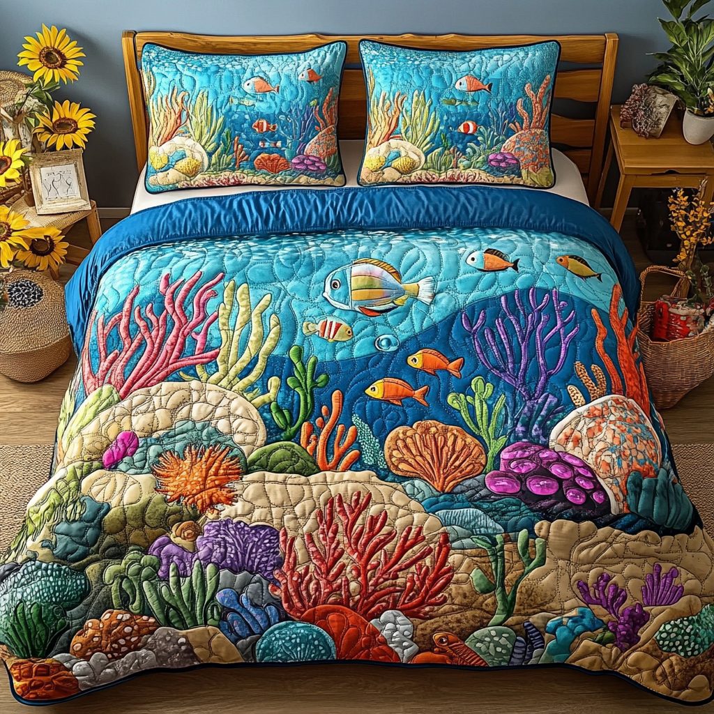 Seaside Dreams quilted 3-piece bedding set on a made bed in a light coastal bedroom
