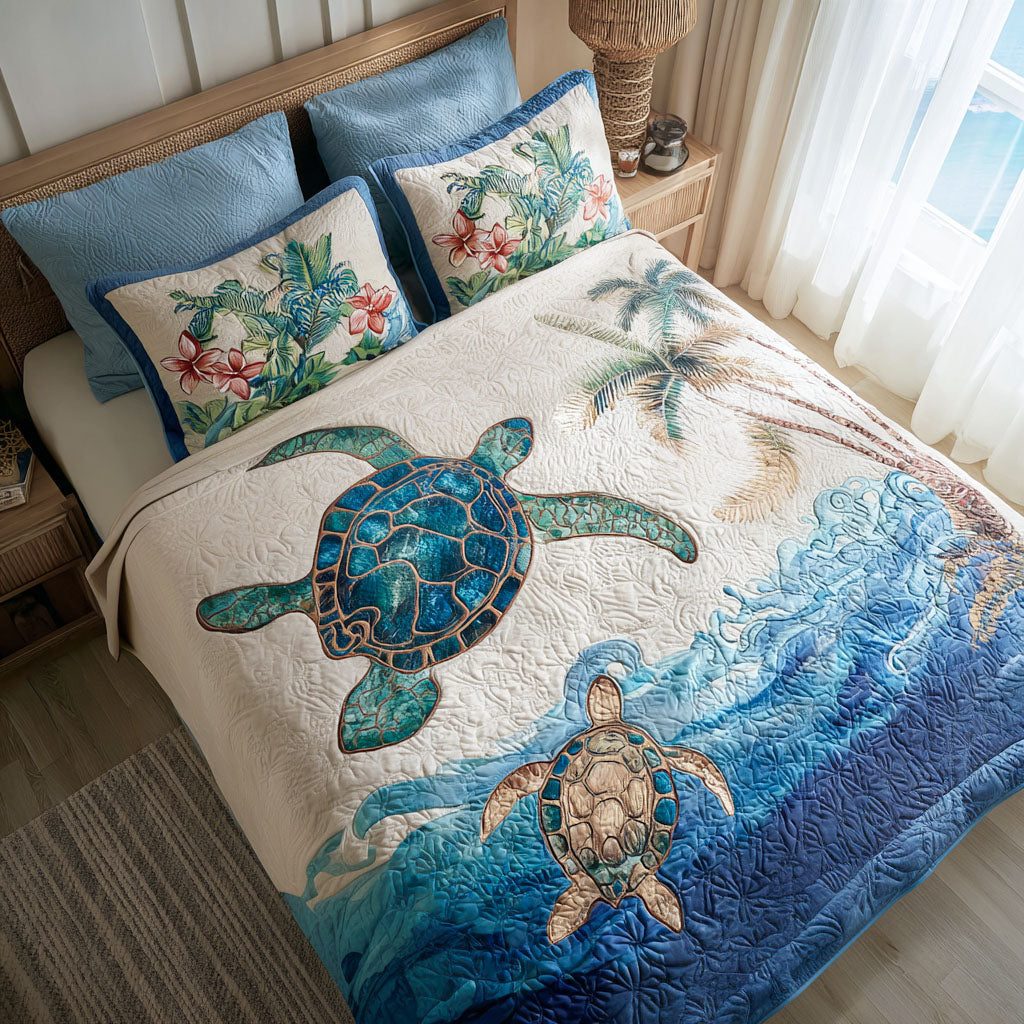 Seaside Drift quilted 3-piece bedding set on a made bed in a light coastal bedroom