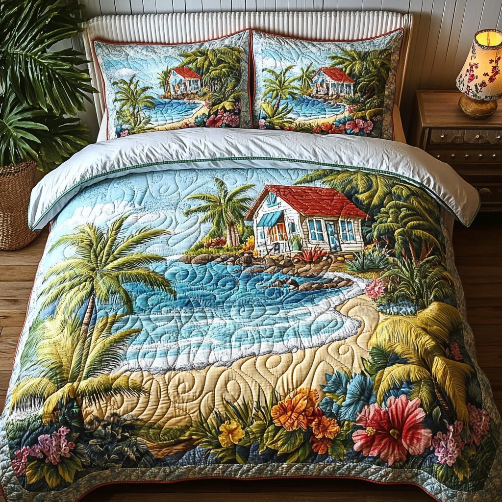 Seaside Escape quilted 3-piece bedding set on a made bed in a light coastal bedroom