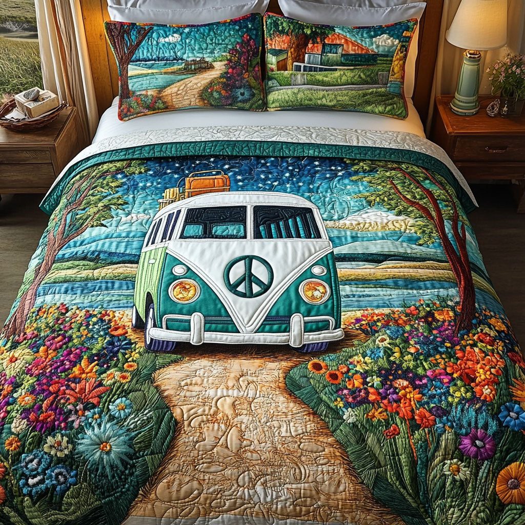 Seaside Escape quilted 3-piece bedding set on a made bed in a light coastal bedroom