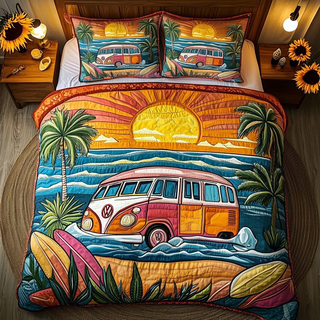 Seaside Glow quilted 3-piece bedding set on a made bed in a light coastal bedroom