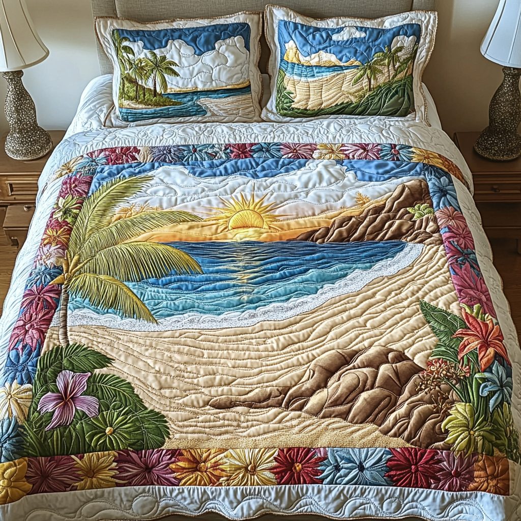 Seaside Glow quilted 3-piece bedding set on a made bed in a light coastal bedroom