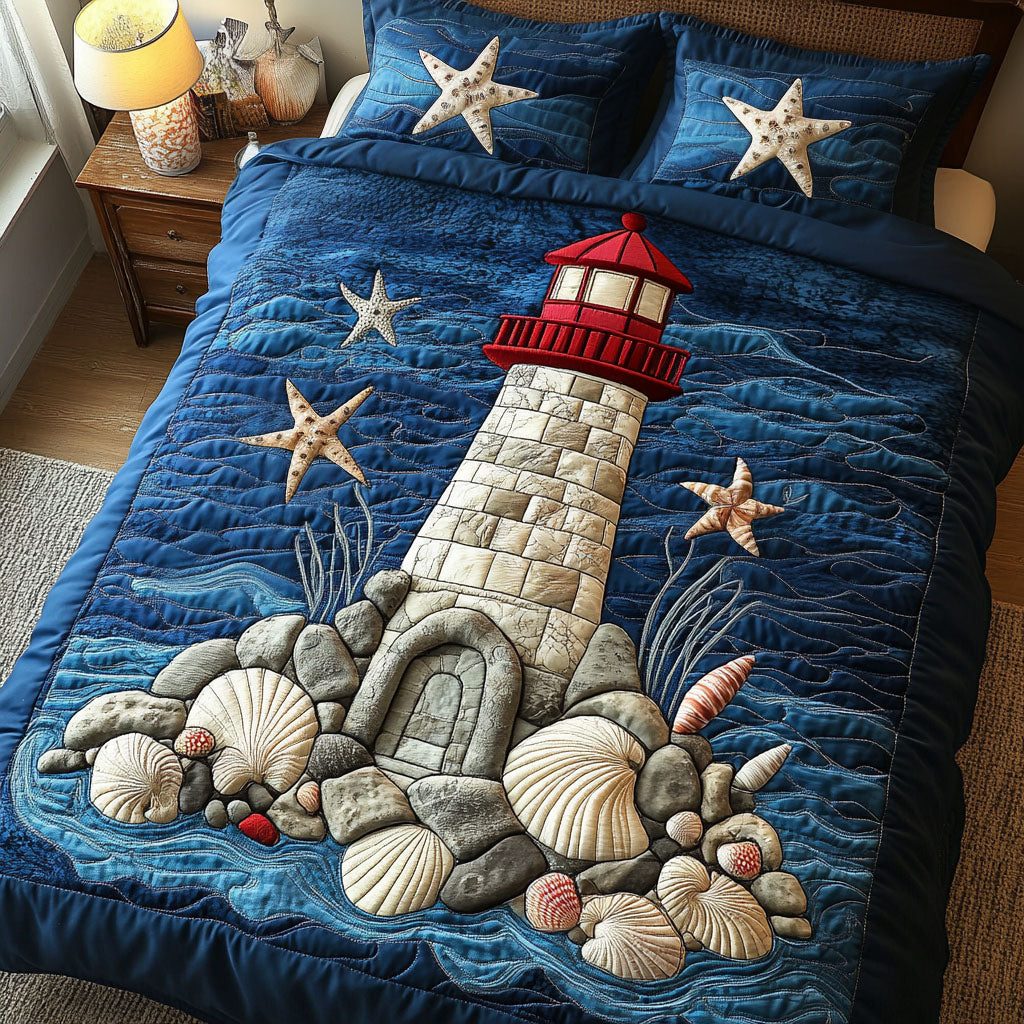 Seaside Guardian quilted 3-piece bedding set on a made bed in a light coastal bedroom