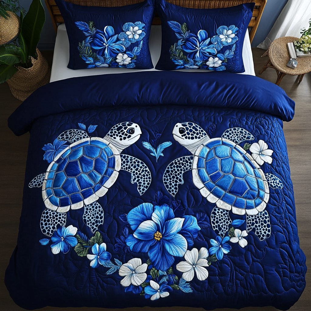 Seaside Journey quilted 3-piece bedding set on a made bed in a light coastal bedroom