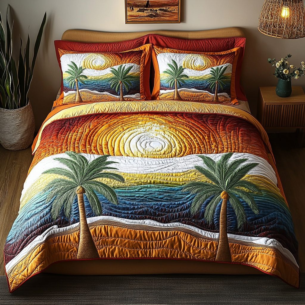Seaside Mood quilted 3-piece bedding set on a made bed in a light coastal bedroom