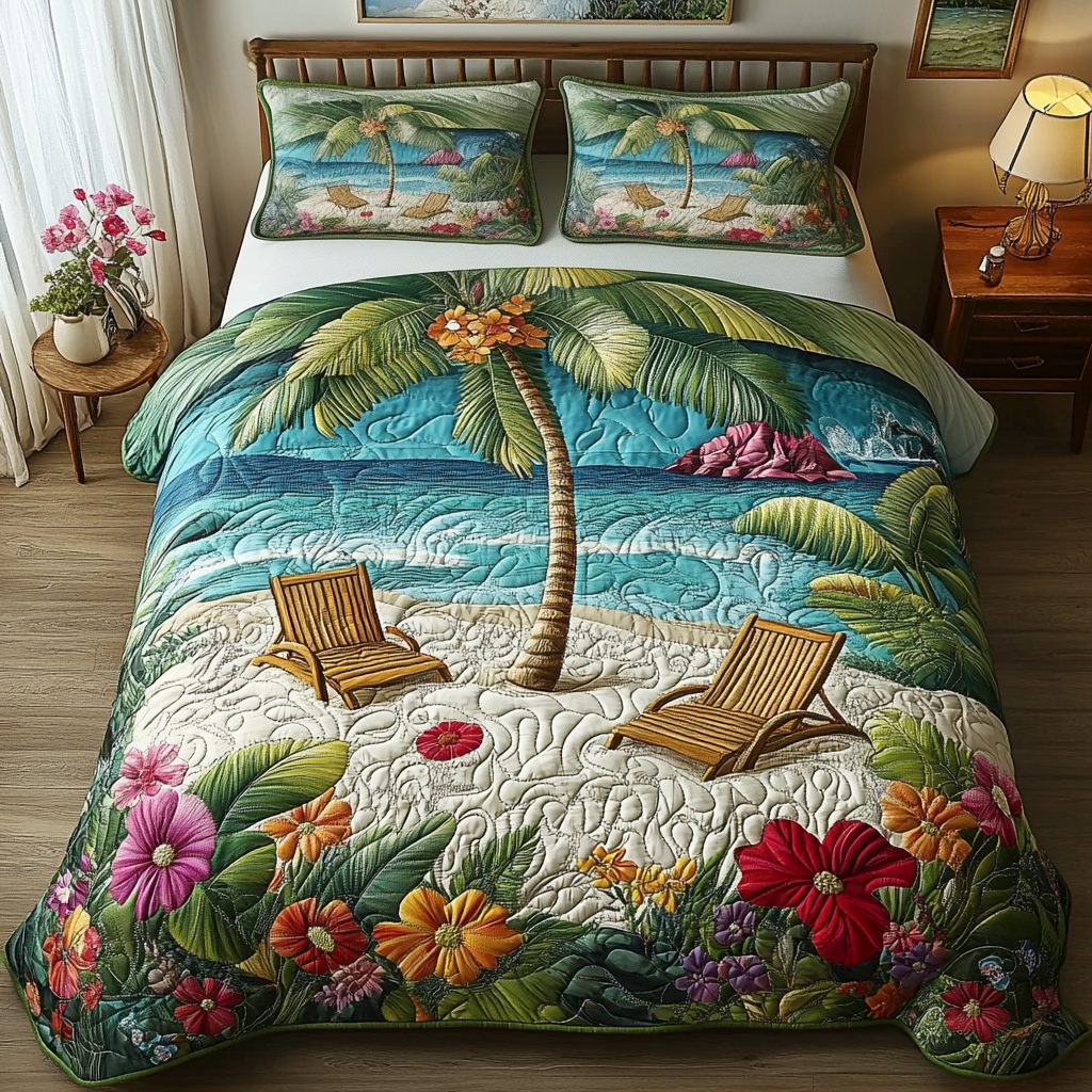 Seaside Retreat quilted 3-piece bedding set on a made bed in a light coastal bedroom