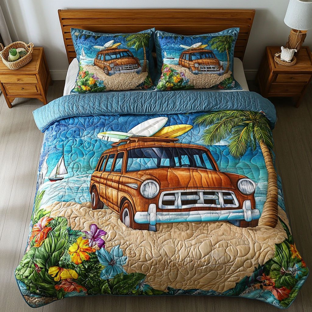 Seaside Ride quilted 3-piece bedding set on a made bed in a light coastal bedroom
