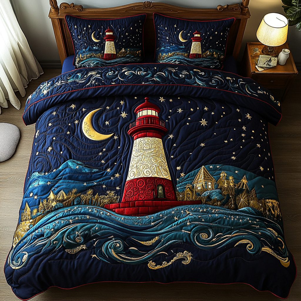 Seaside Sentinel quilted 3-piece bedding set on a made bed in a light coastal bedroom