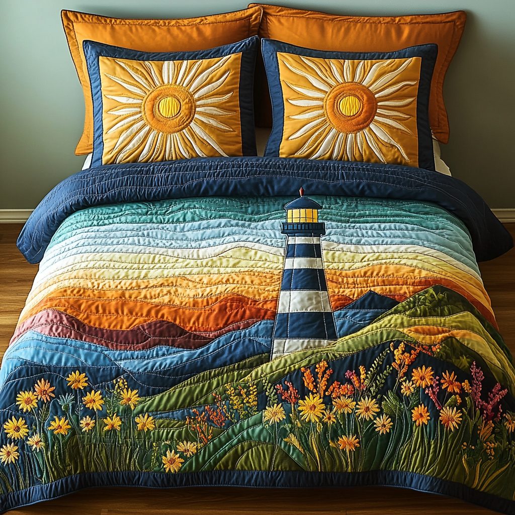Seaside Sentinel quilted 3-piece bedding set on a made bed in a light coastal bedroom