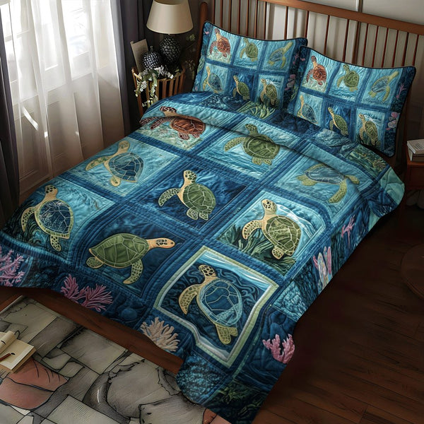 Seaside Serenity quilted 3-piece bedding set on a made bed in a light coastal bedroom