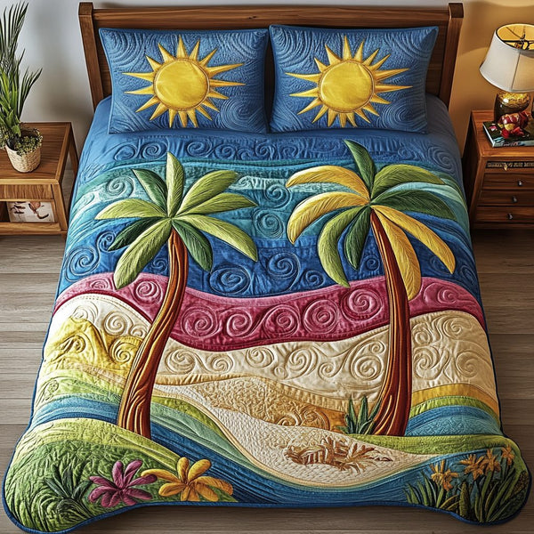 Seaside Serenity quilted 3-piece bedding set on a made bed in a light coastal bedroom