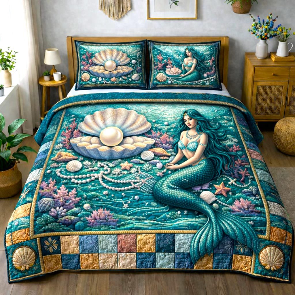 Seaside Shells quilted 3-piece bedding set on a made bed in a light coastal bedroom
